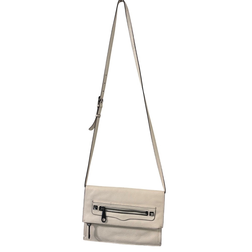 Rebecca Minkoff Regan Small Clutch Crossbody Cream‎ White Pebbled Leather Moto